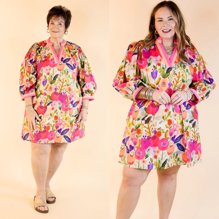 Pocketful of Petals V Neck Floral Print Dress with 3/4 Sleeves