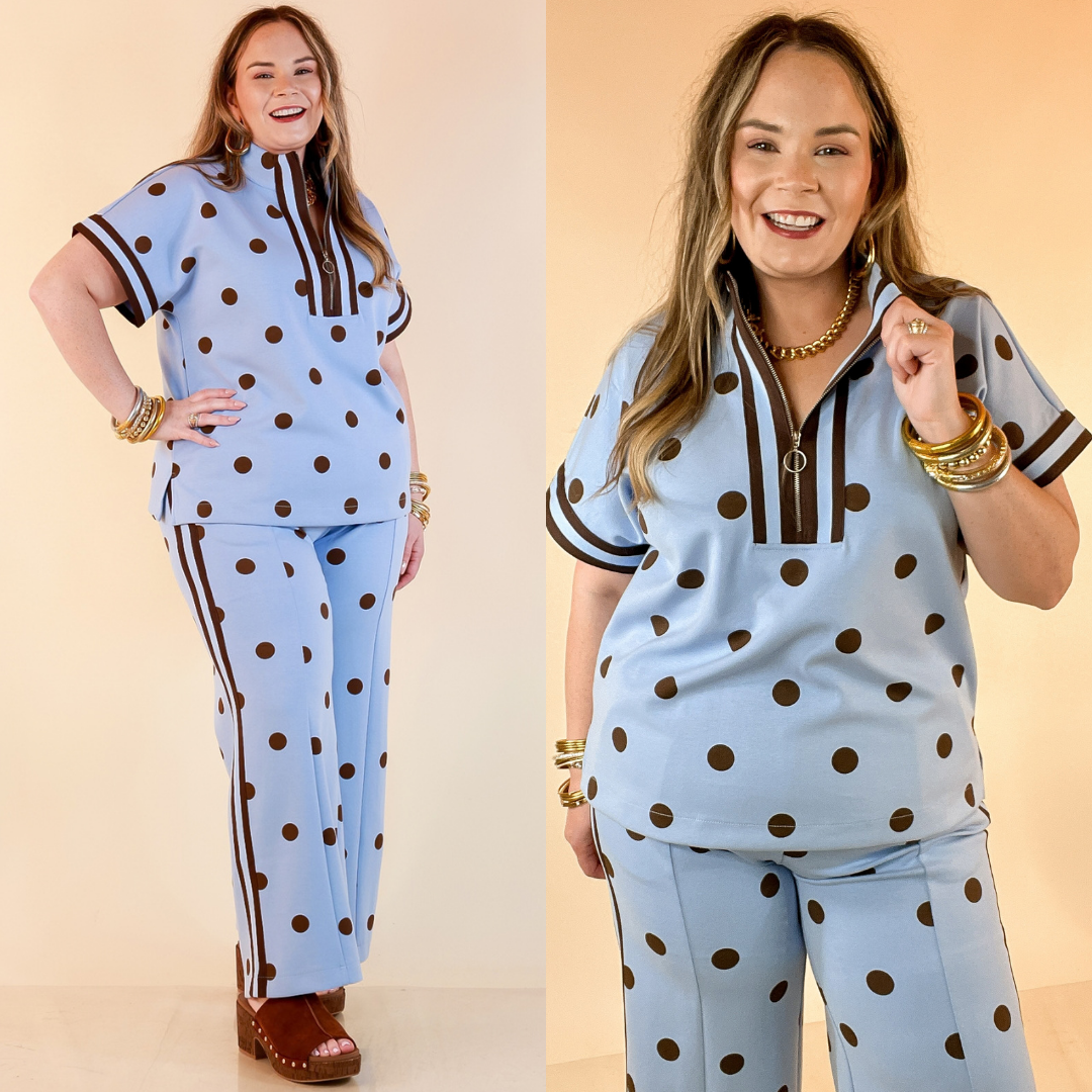 Point Taken Polka Dot Contrast Trim Half Zip Pullover Top in Blue and Chocolate Brown