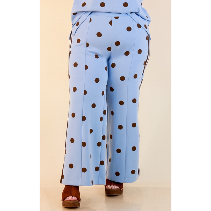 Point Taken Pull-On Wide Leg Knit Polka Dot Pants with Side Stripe Detail in Blue and Chocolate Brown