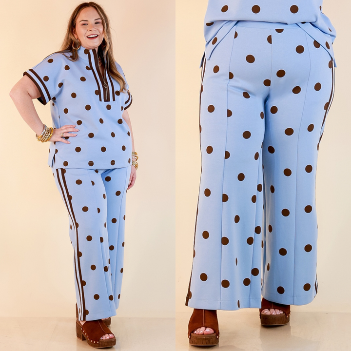 Point Taken Pull-On Wide Leg Knit Polka Dot Pants with Side Stripe Detail in Blue and Chocolate Brown