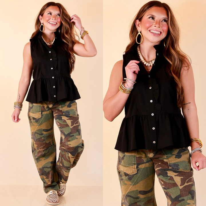 Poised &amp; Polished Sleeveless Ruffle Neck Button Front Peplum Top in Black