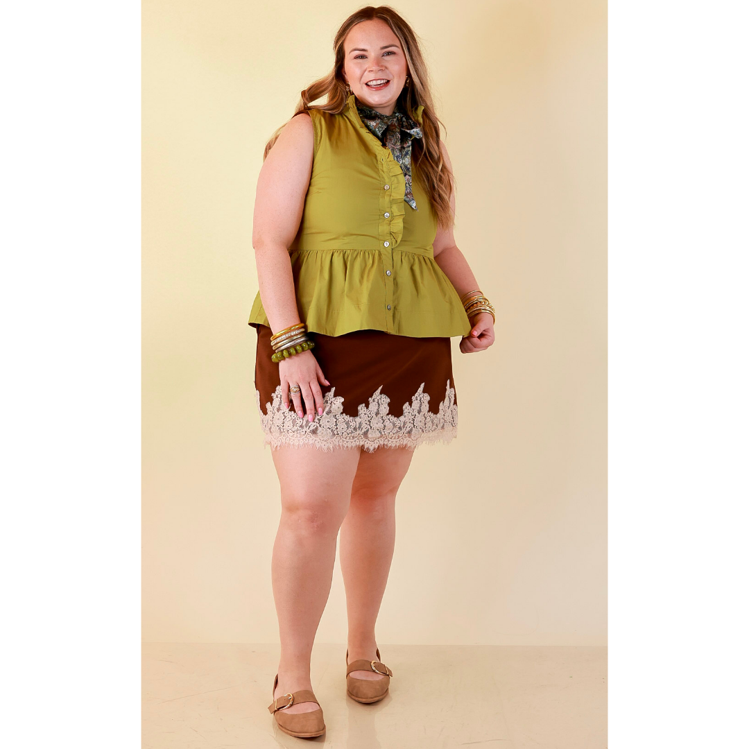 Poised &amp; Polished Sleeveless Ruffle Neck Button Front Peplum Top in Chartreuse Olive Green