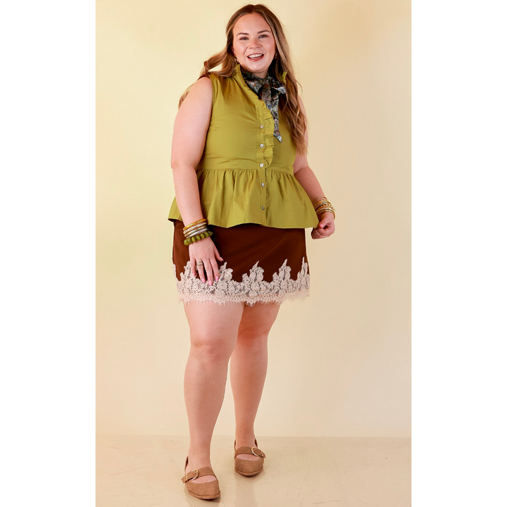 Poised &amp; Polished Sleeveless Ruffle Neck Button Front Peplum Top in Chartreuse Olive Green