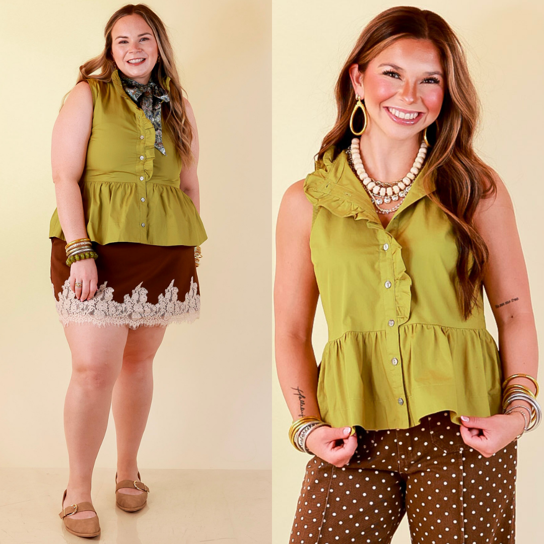 Poised &amp; Polished Sleeveless Ruffle Neck Button Front Peplum Top in Chartreuse Olive Green