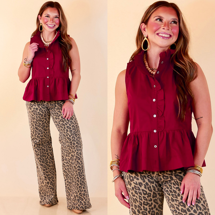 Poised &amp; Polished Sleeveless Ruffle Neck Button Front Peplum Top in Maroon