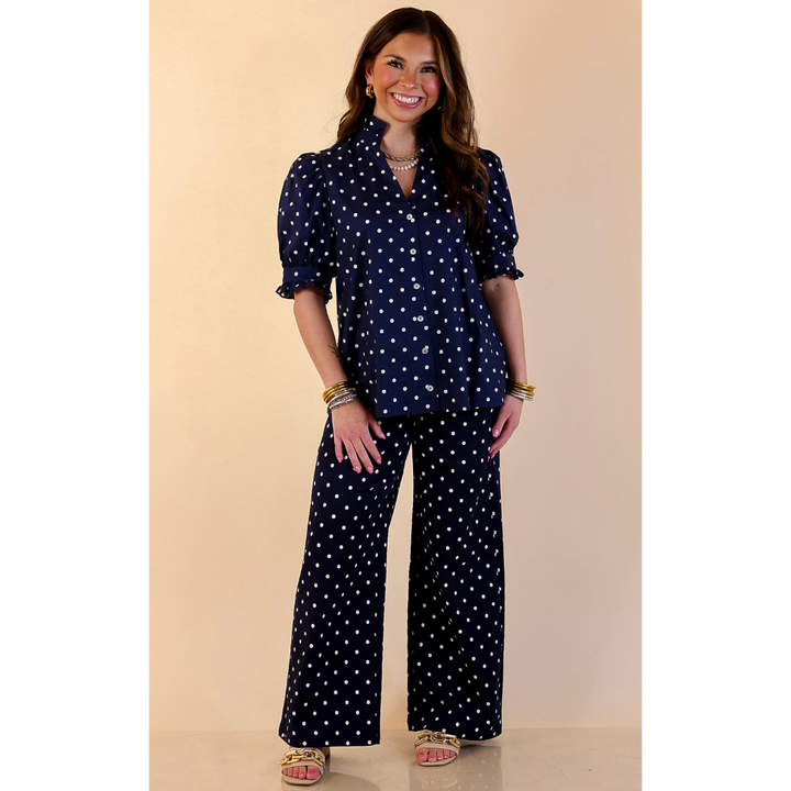 Poised and Polished Button Front Puff Sleeve Top with Polka Dot Print in Navy Blue and White