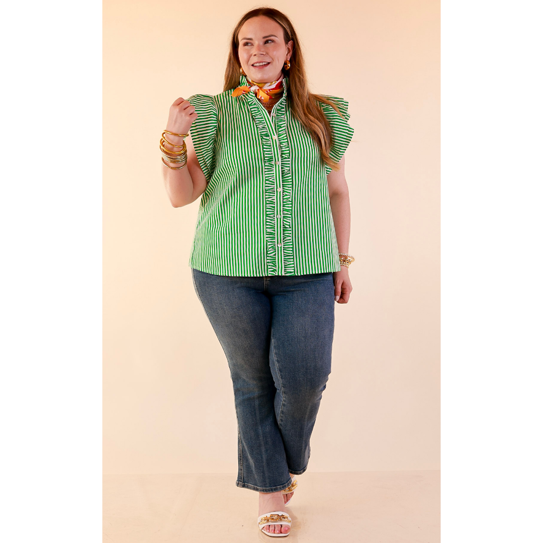 Polished Intentions Ruffle Short Sleeve Button Front Stripe Top in Green and White