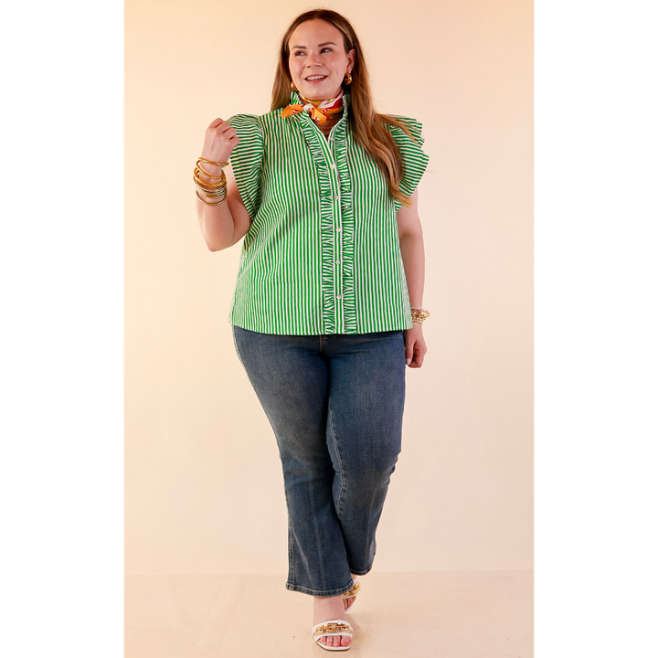 Polished Intentions Ruffle Short Sleeve Button Front Stripe Top in Green and White