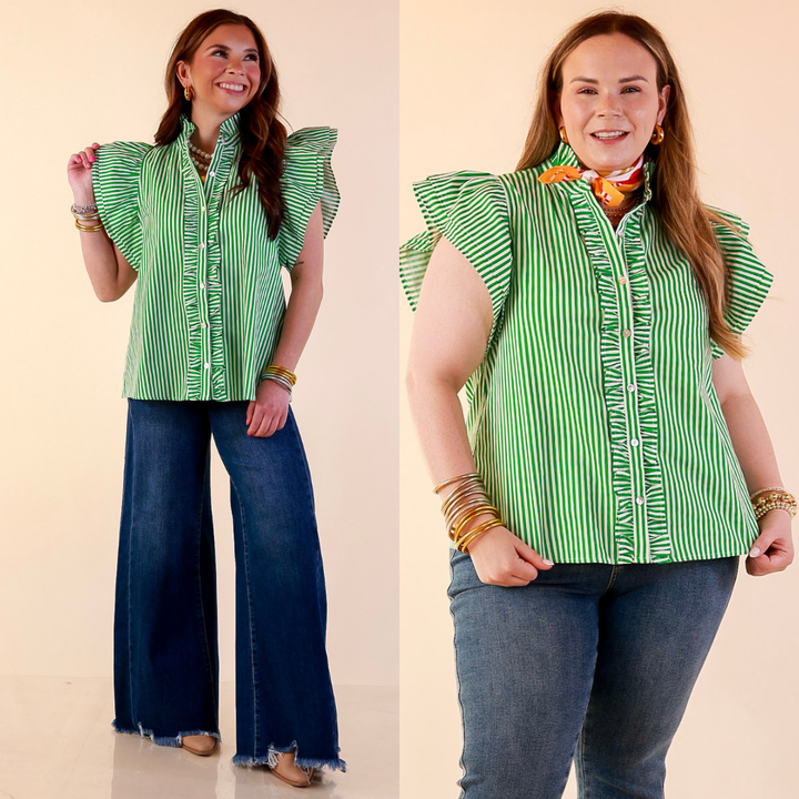 Models are wearing Ruffle Short Sleeve Button Front Stripe Top in Green and White with Jeans against a beige backdrop.