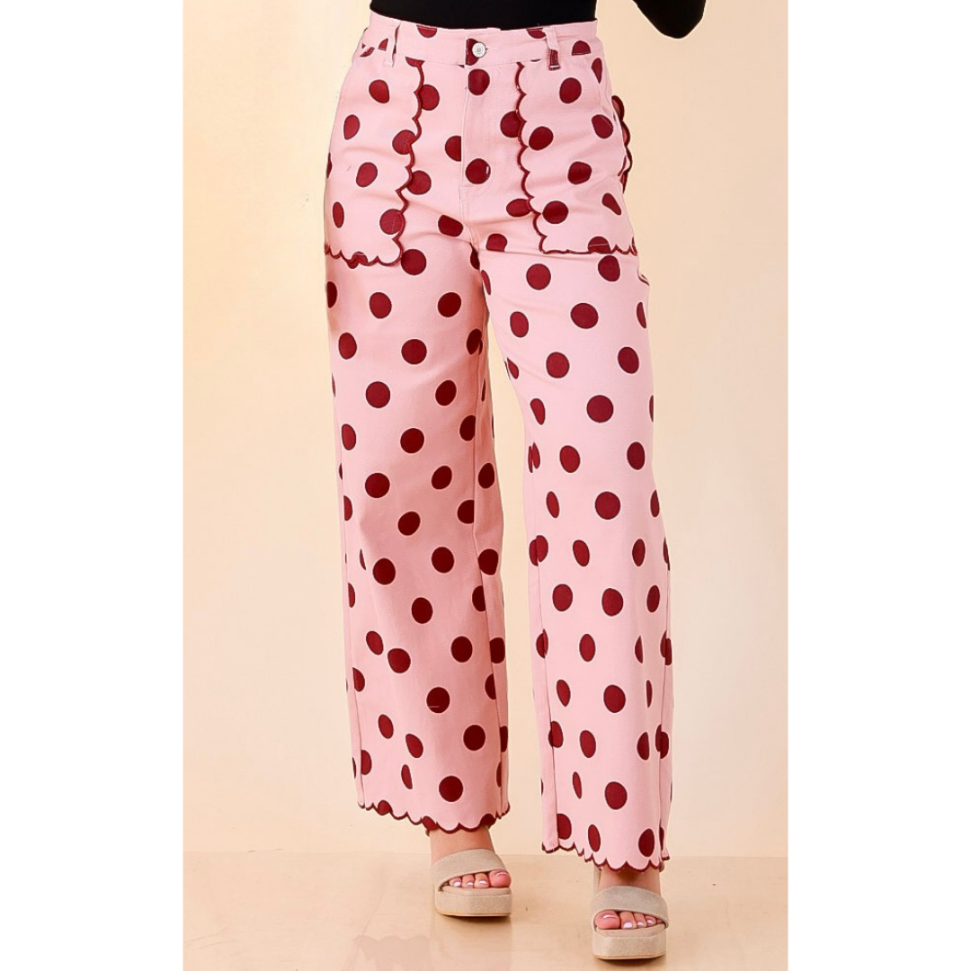 Polished Play Polka Dot Print Wide Leg Denim Pants with Scallop Detailing in Blush Pink and Maroon
