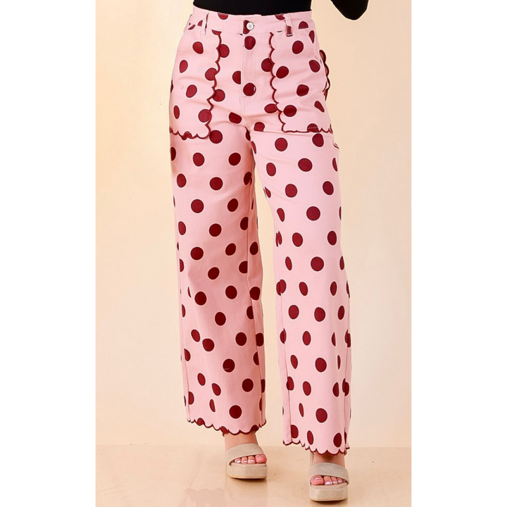 Polished Play Polka Dot Print Wide Leg Denim Pants with Scallop Detailing in Blush Pink and Maroon