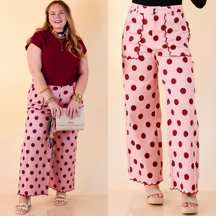 Polished Play Polka Dot Print Wide Leg Denim Pants with Scallop Detailing in Blush Pink and Maroon