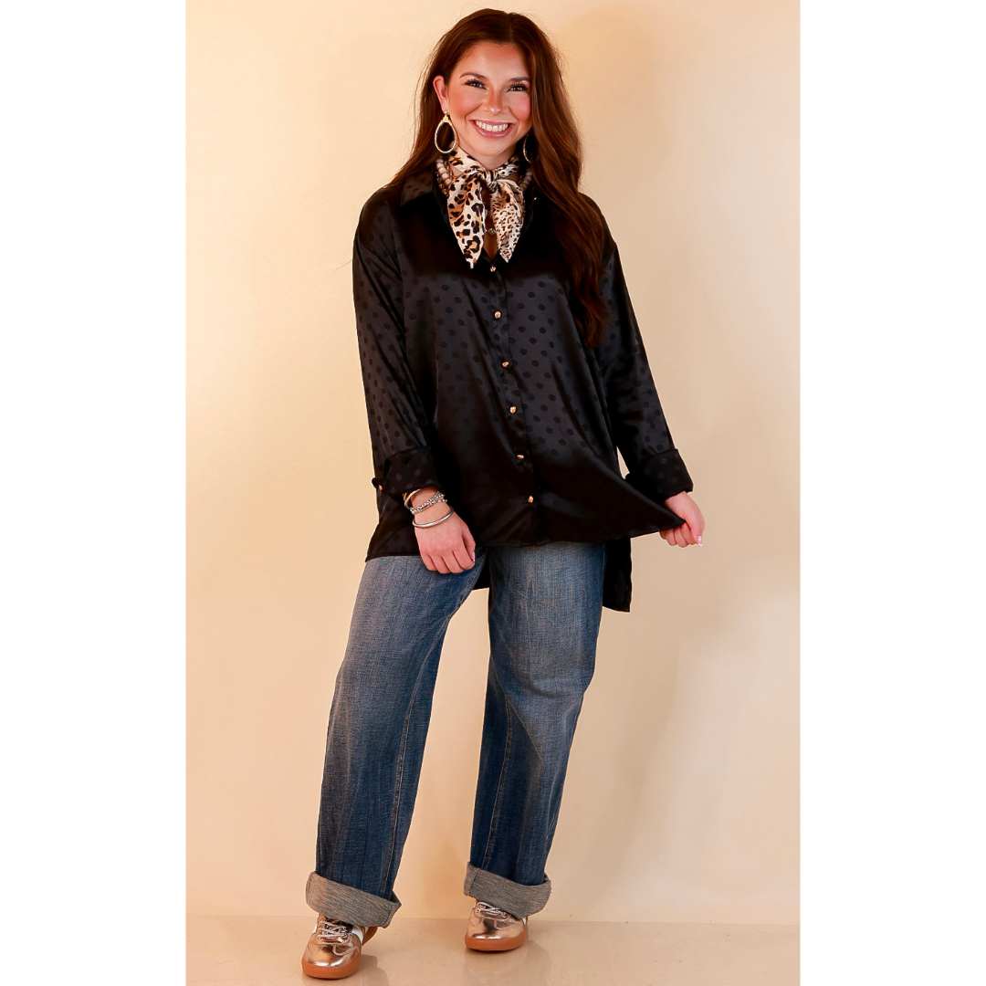 Polished Point of View Satin Collared Polka Dot Button Down Blouse with Gold Buttons in Black