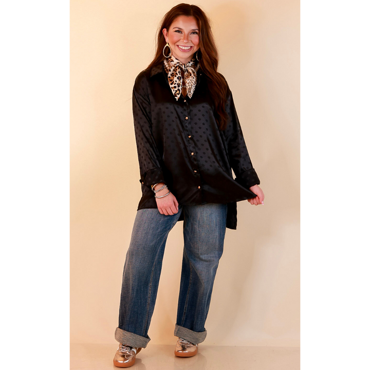 Polished Point of View Satin Collared Polka Dot Button Down Blouse with Gold Buttons in Black