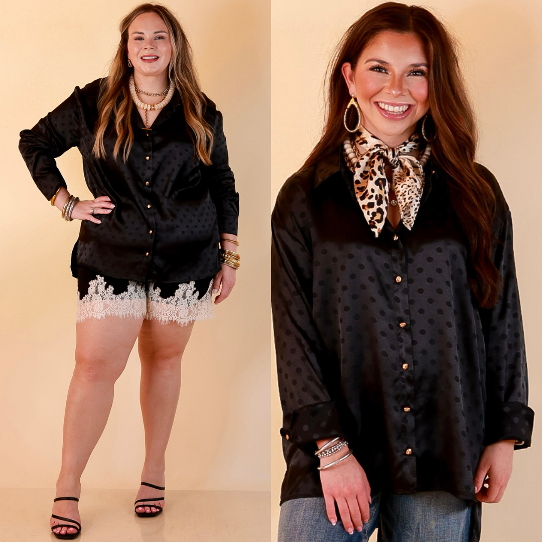 Polished Point of View Satin Collared Polka Dot Button Down Blouse with Gold Buttons in Black