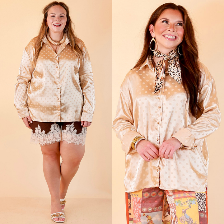 Polished Point of View Satin Collared Polka Dot Button Down Blouse with Gold Buttons in Champagne