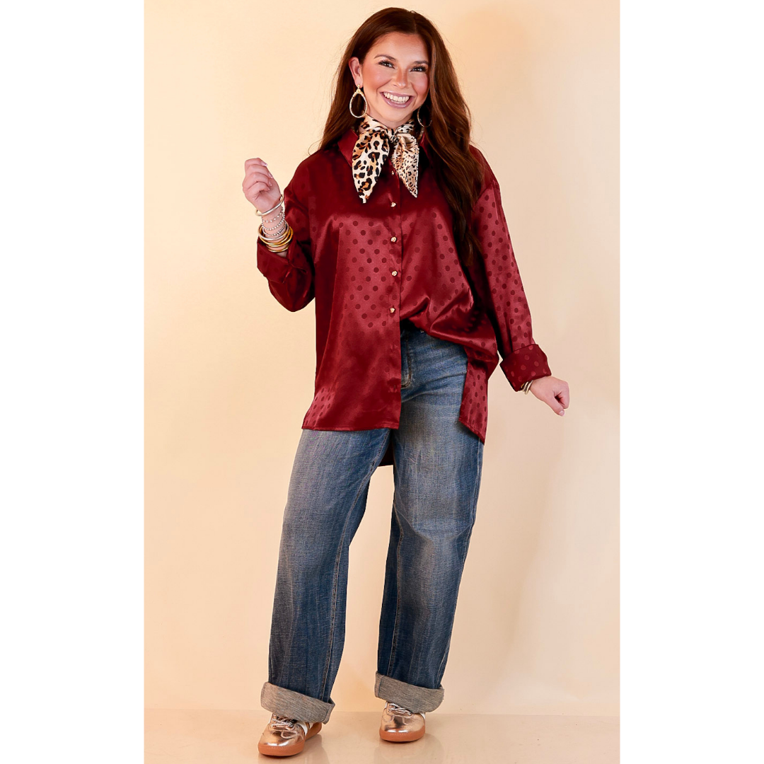 Polished Point of View Satin Collared Polka Dot Button Down Blouse with Gold Buttons in Maroon