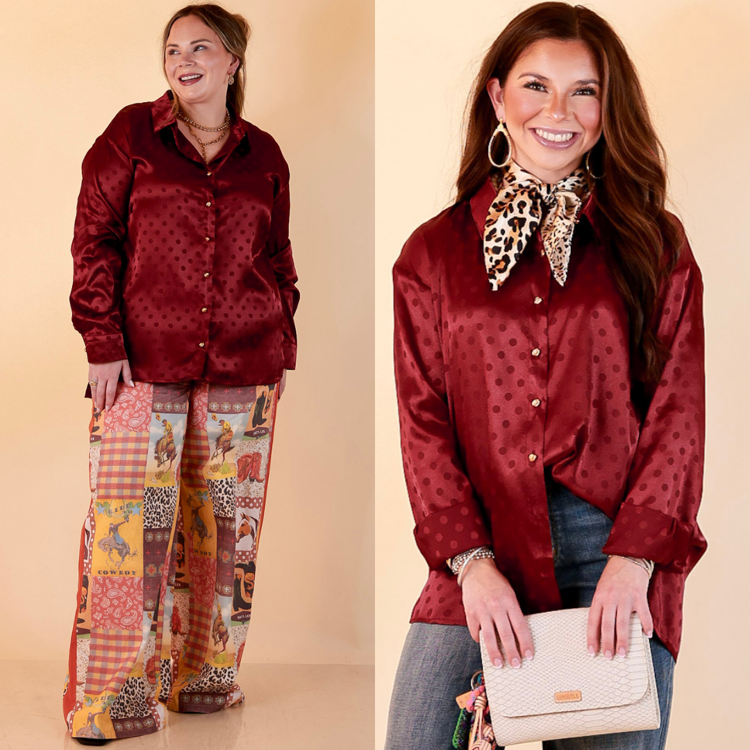 Polished Point of View Satin Collared Polka Dot Button Down Blouse with Gold Buttons in Maroon
