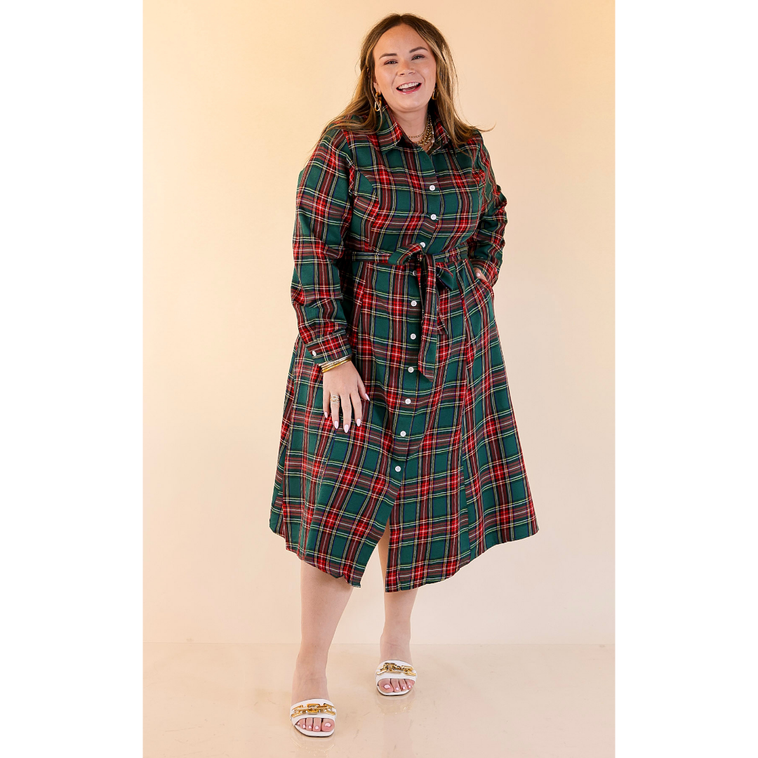 Polished Presence Long Sleeve Plaid Button Up Collared Midi Dress in Green