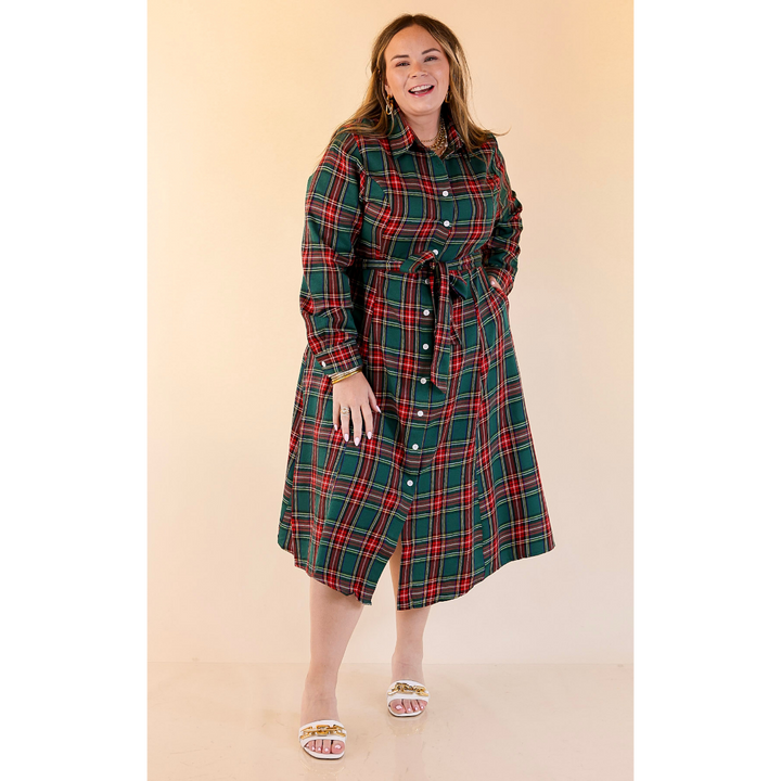 Polished Presence Long Sleeve Plaid Button Up Collared Midi Dress in Green