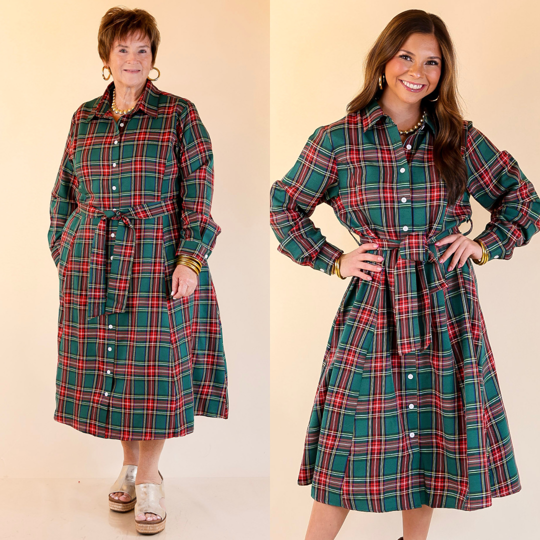Two women wearing red and green plaid dresses with belt accent against a beige background