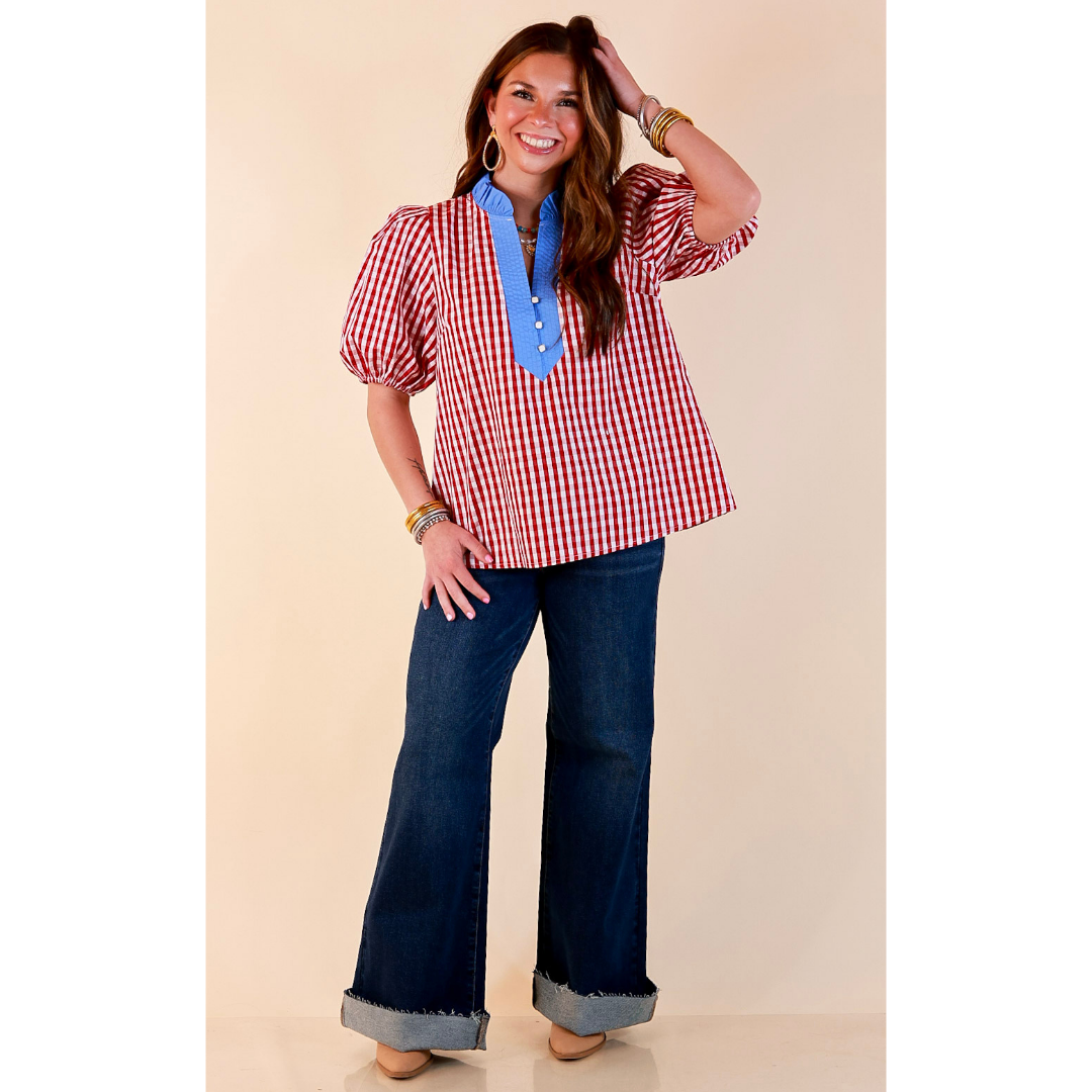 Polished &amp; Playful Short Puff Sleeve Gingham Top with Contrast Blue Trim in Red and White