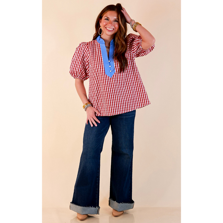 Polished &amp; Playful Short Puff Sleeve Gingham Top with Contrast Blue Trim in Red and White