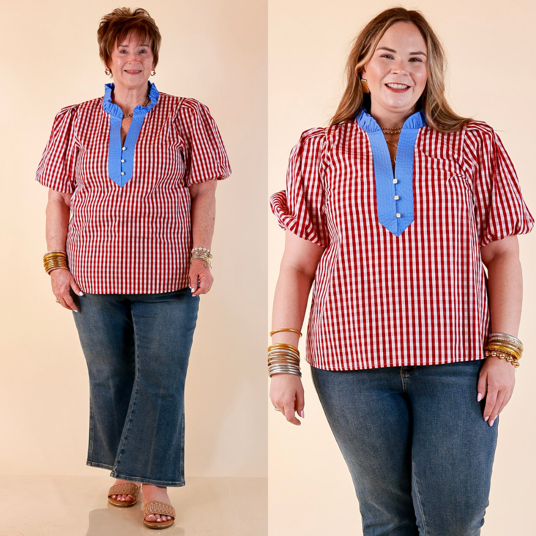 Polished &amp; Playful Short Puff Sleeve Gingham Top with Contrast Blue Trim in Red and White