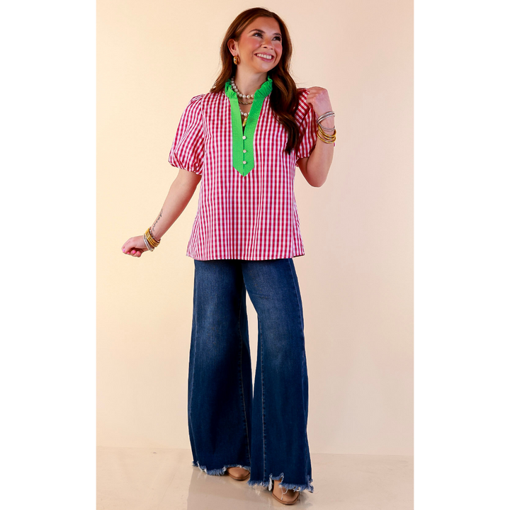Polished &amp; Playful Short Puff Sleeve Gingham Top with Contrast Green Trim in Hot Pink and White