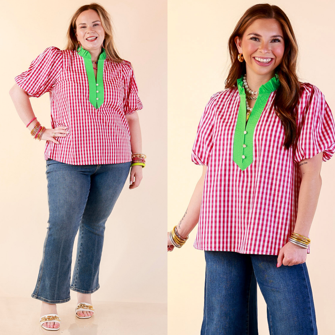 Models are wearing Short Puff Sleeve Gingham Top with Contrast Green Trim in Hot Pink and White with jeans against a beige backdrop.