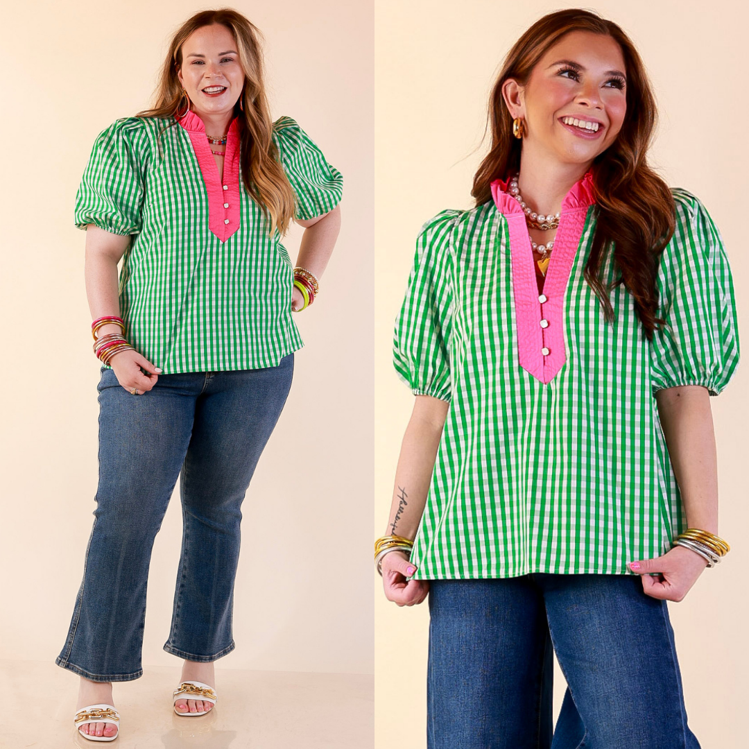 Models are wearing Short Puff Sleeve Gingham Top with Contrast Hot Pink Tri in Green and White with Jeans against a beige backdrop. 