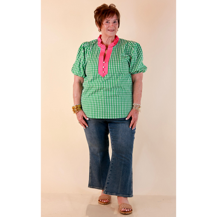 Polished &amp; Playful Short Puff Sleeve Gingham Top with Contrast Hot Pink Trim in Green and White