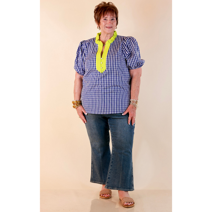 Polished &amp; Playful Short Puff Sleeve Gingham Top with Contrast Lime Green Trim in Royal Blue and White
