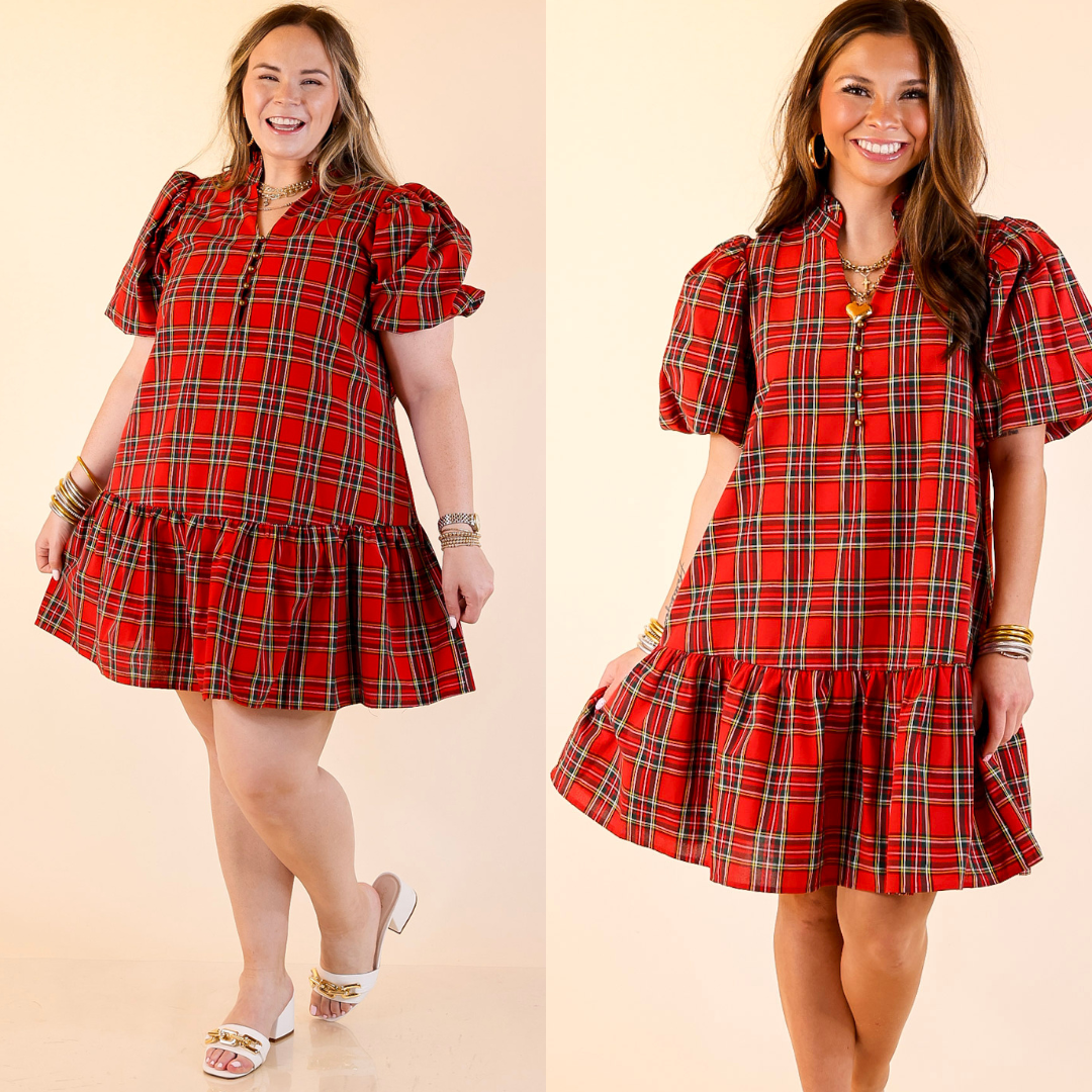 Women wearing a red plaid puff sleeve dress on a beige background. 