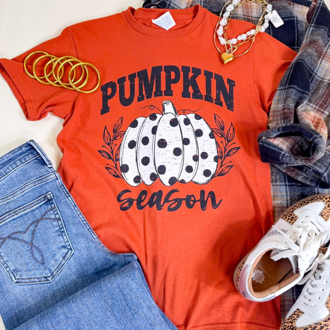 Polka Dot Pumpkin Season Short Sleeve Graphic Tee in Burnt Orange