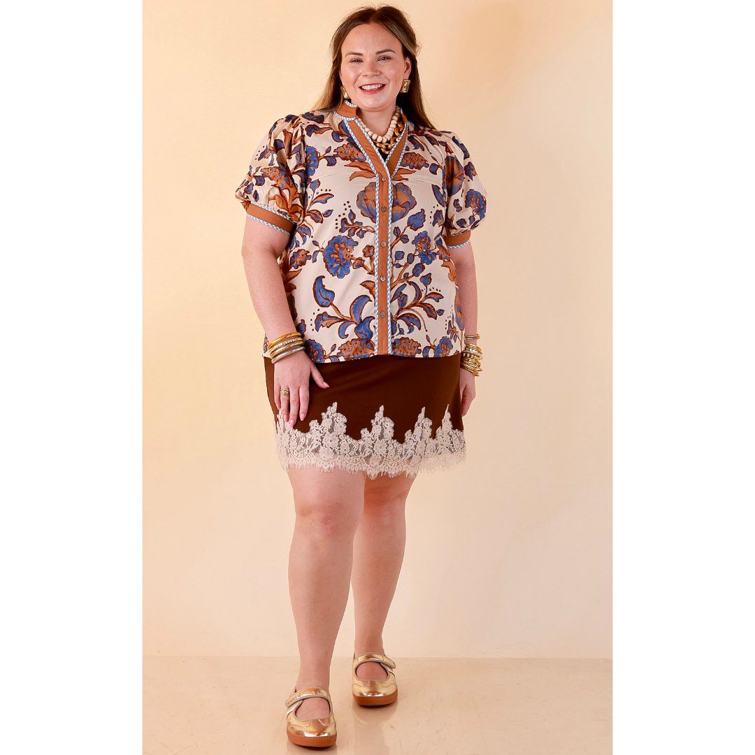 Pop of Polish Short Puff Sleeve Button Front Floral Top with Contrast Trim in Cream, Blue and Camel Brown