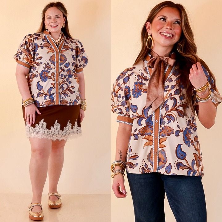 Pop of Polish Short Puff Sleeve Button Front Floral Top with Contrast Trim in Cream, Blue and Camel Brown