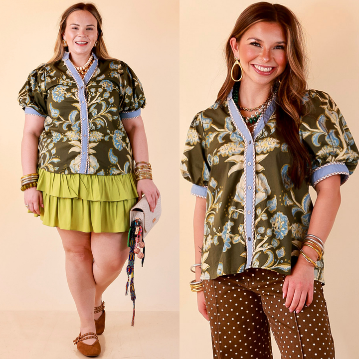 Pop of Polish Short Puff Sleeve Button Front Floral Top with Contrast Trim in Olive Green and Blue