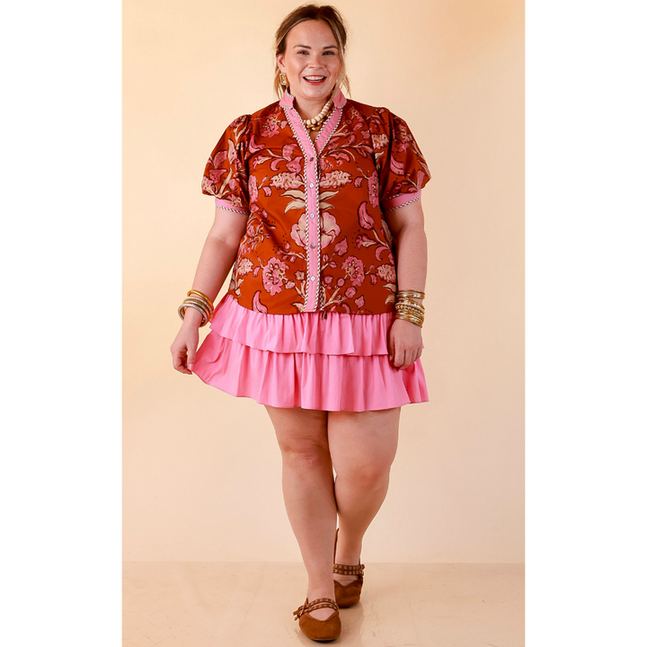 Pop of Polish Short Puff Sleeve Button Front Floral Top with Contrast Trim in Rust Orange and Pink