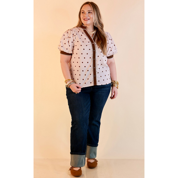 Pop of Polish Short Puff Sleeve Button Front Polka Dot Print Top with Contrast Trim in Ivory and Chocolate Brown