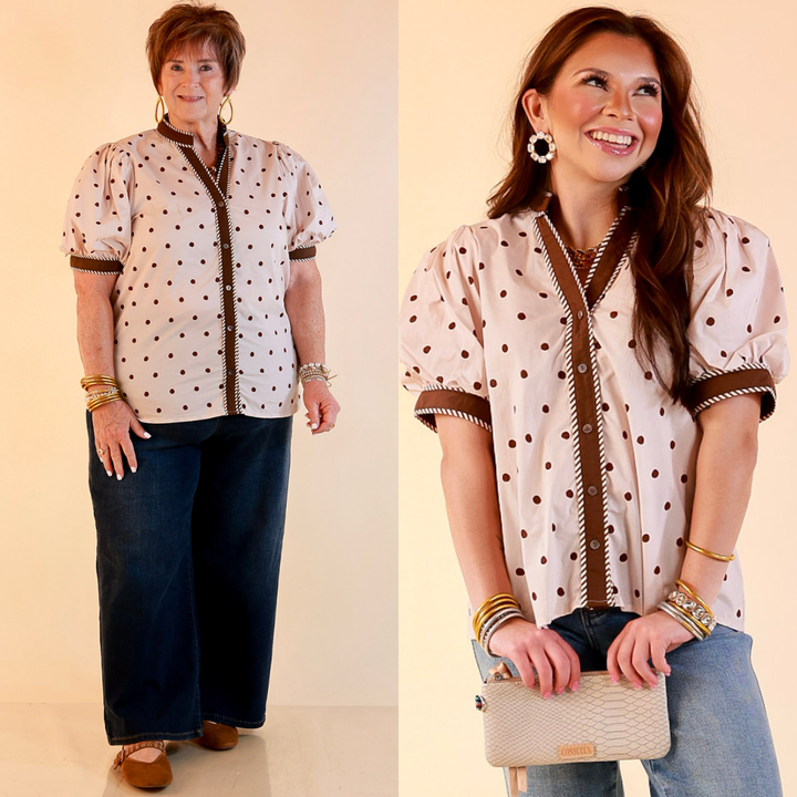 Pop of Polish Short Puff Sleeve Button Front Polka Dot Print Top with Contrast Trim in Ivory and Chocolate Brown