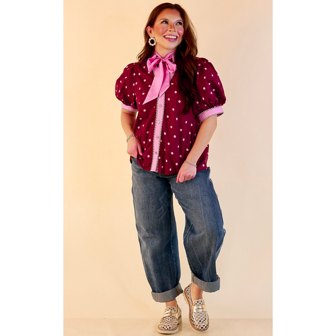 Pop of Polish Short Puff Sleeve Button Front Polka Dot Print Top with Contrast Trim in Maroon and Pink