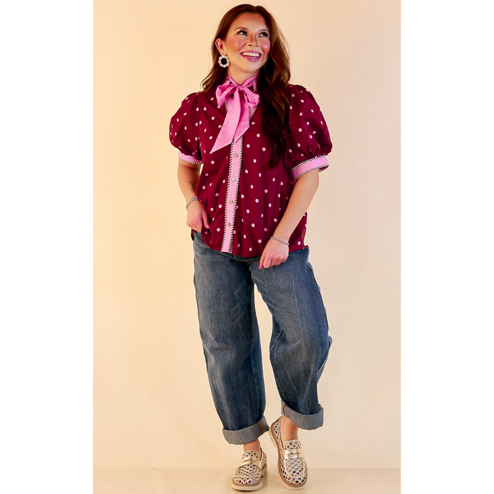 Pop of Polish Short Puff Sleeve Button Front Polka Dot Print Top with Contrast Trim in Maroon and Pink