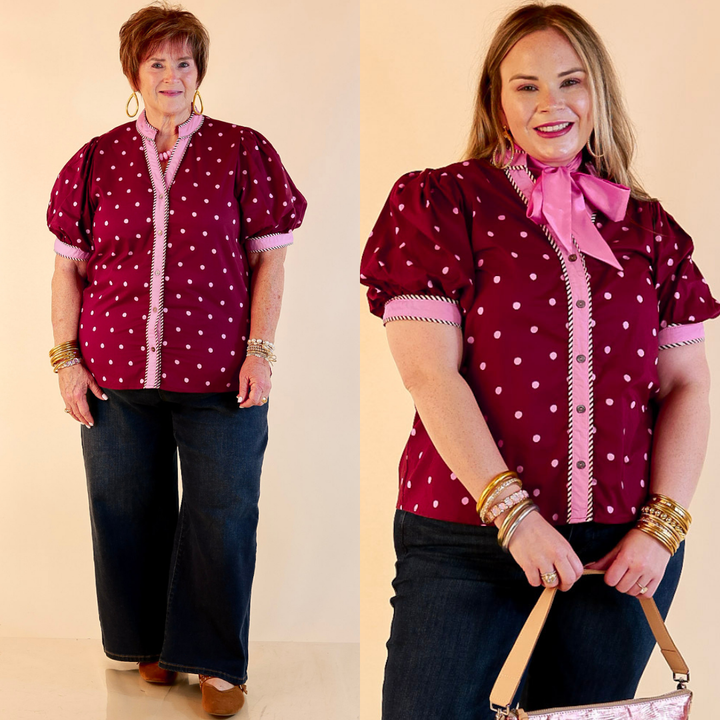 Pop of Polish Short Puff Sleeve Button Front Polka Dot Print Top with Contrast Trim in Maroon and Pink
