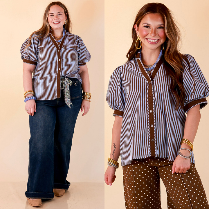 Pop of Polish Short Puff Sleeve Button Front Top with Contrast Trim in Blue and Brown