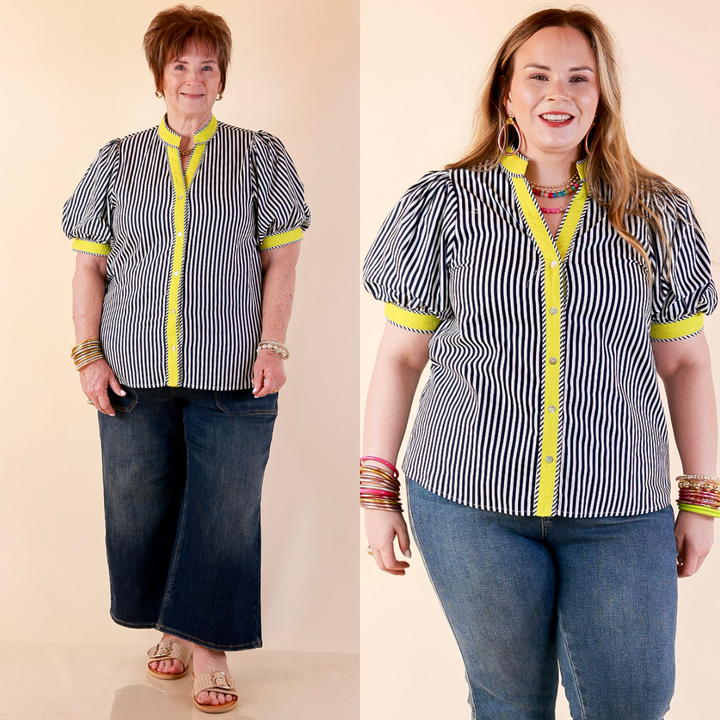 Models are wearing Short Puff Sleeve Button Front Top in Navy Blue and White with Contrast Trim in Lime with Jeans against a beige backdrop. 