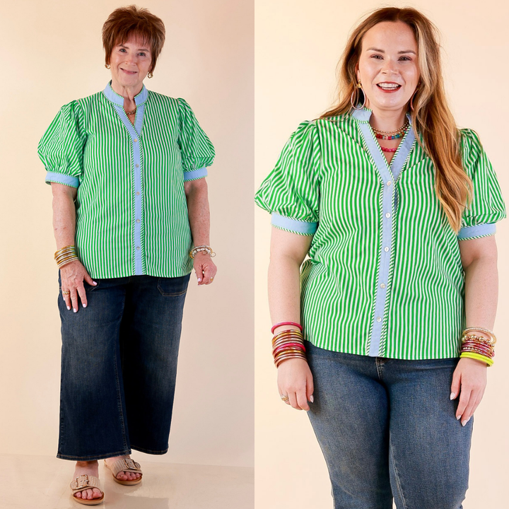 Models are wearing Short Puff Sleeve Button Front Top in White and Lime with Contrast Trim in Blue with Jeans against a beige backdrop. 