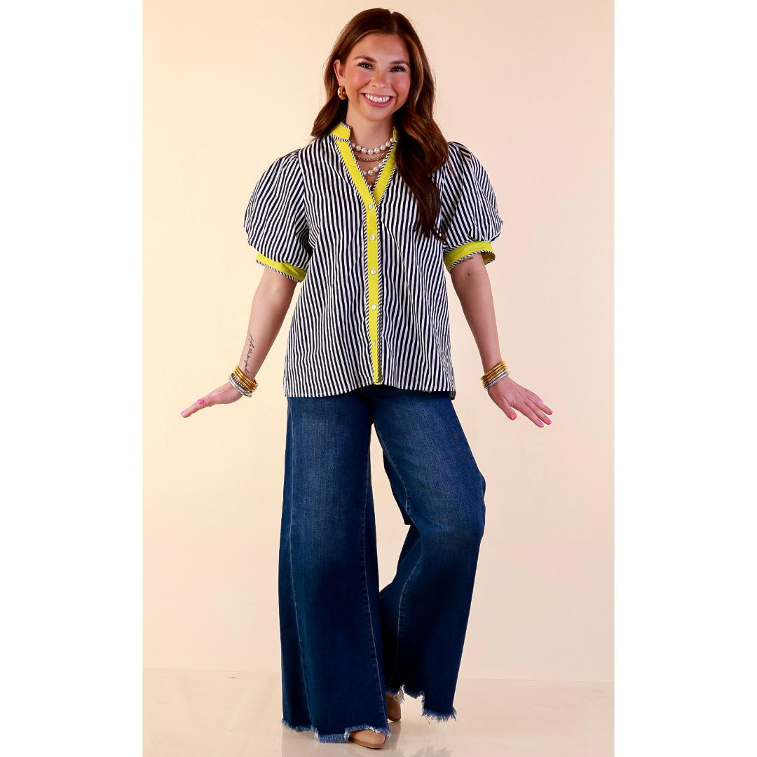 Pop of Polish Short Puff Sleeve Button Front Top with Contrast Trim in Navy Blue, White and Lime