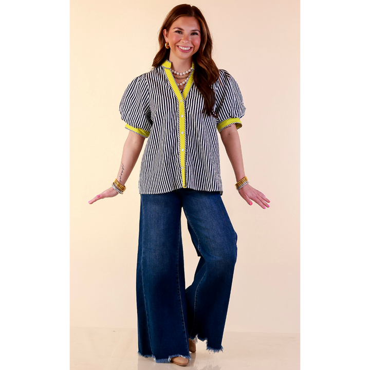 Pop of Polish Short Puff Sleeve Button Front Top with Contrast Trim in Navy Blue, White and Lime