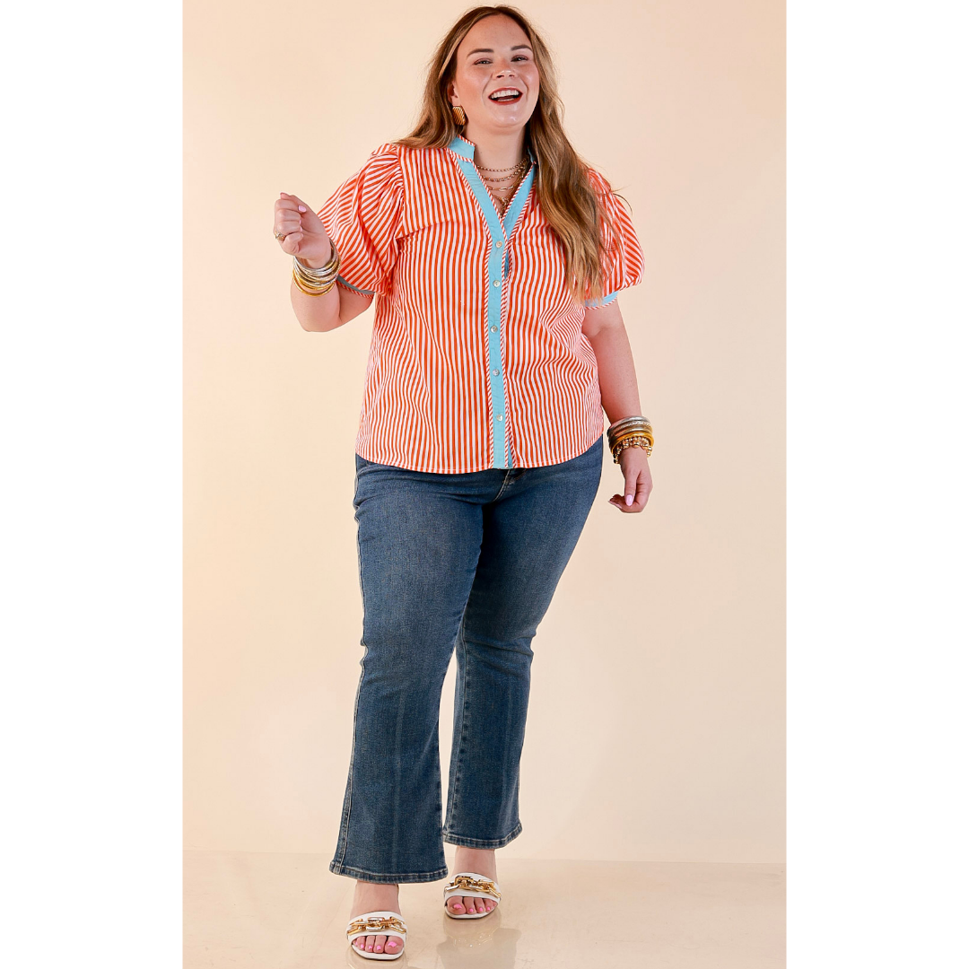 Pop of Polish Short Puff Sleeve Button Front Top with Contrast Trim in Orange, White and Sky Blue